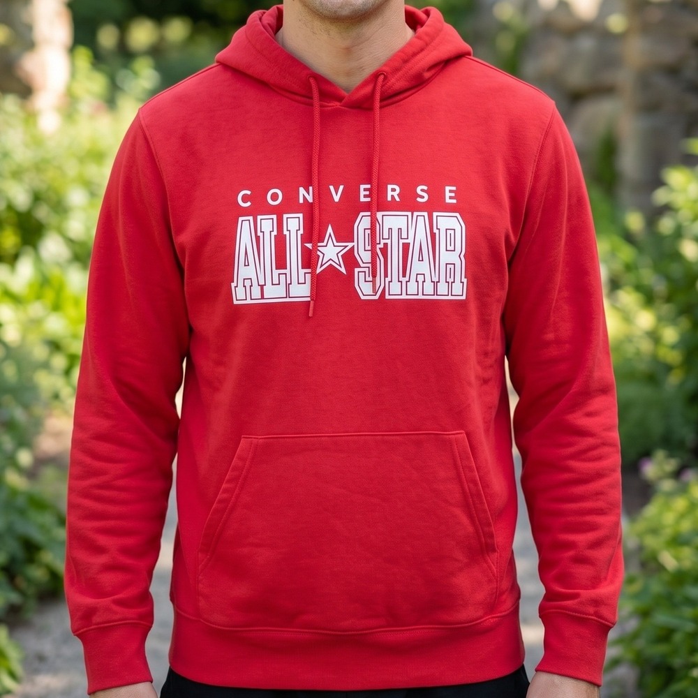 Converse All Star Hoodie Red Pullover Graphic Logo Fleece Sweatshirt Mens S